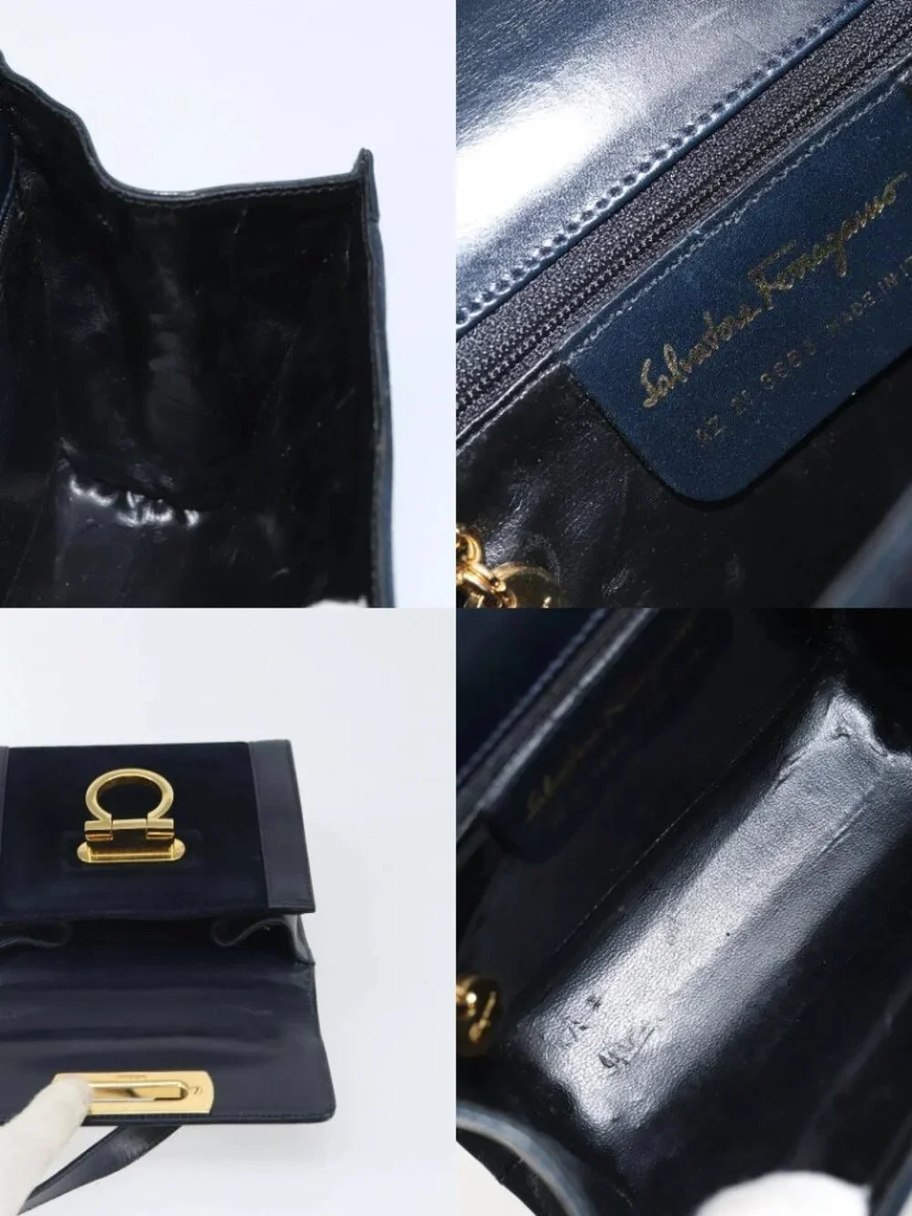 Salvatore Ferragamo Gancini Shoulder Bag Leather Navy Gold Auth 166375
